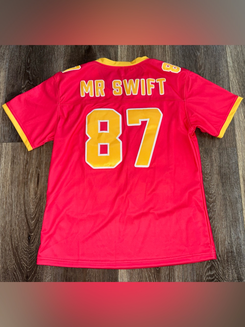 Chiefs MR. SWIFT #87 Coral Red and Yellow Football Jersey Size Large